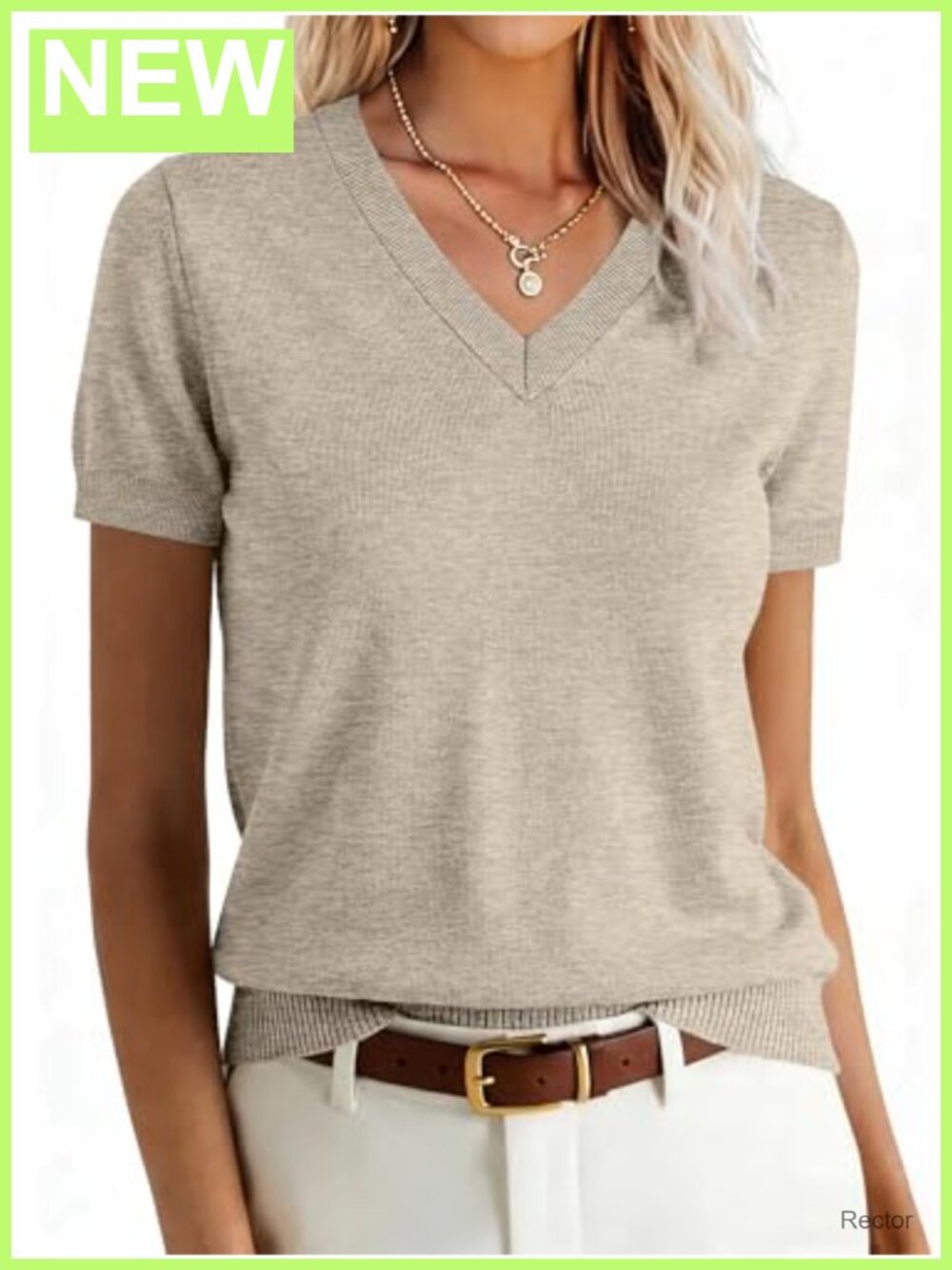 Wool Blend Short Sleeve V-Neck Pullover Sweater Business Casual Knit Top